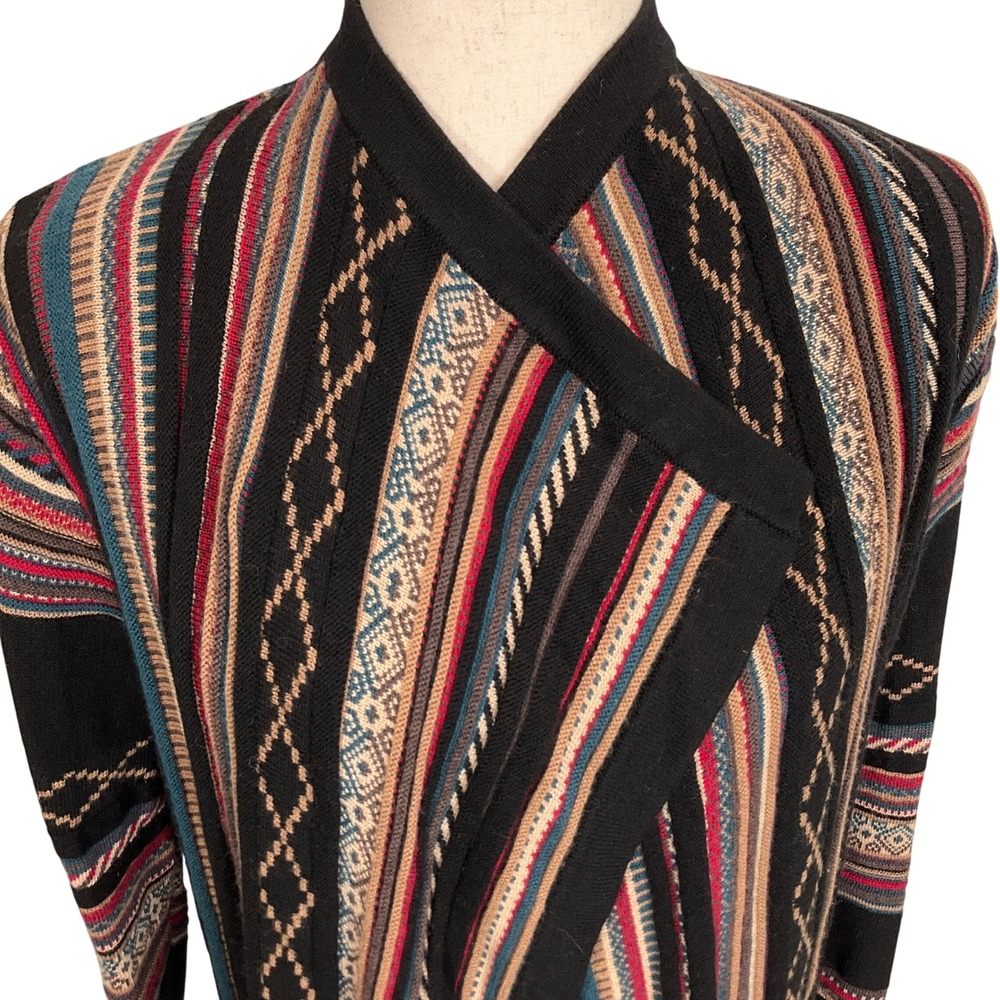 ORVIS Cardigan Womens Small Black Red Stripe Asymmetric Open Long Sweater